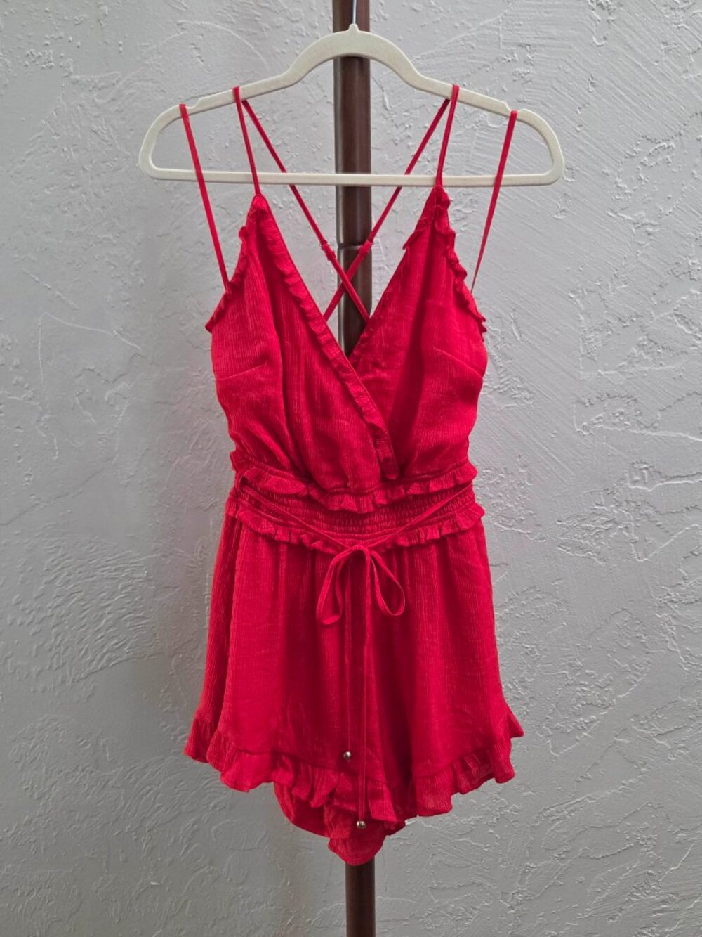R64. Vibrant Red Ruffled Surplice Romper